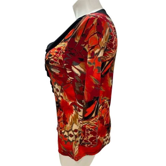 XL Cyrus Floral Red Black Drape Front Stretch Blouse NWT - Picture 2 of 6
